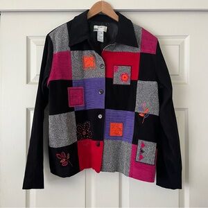 VTG Koret Black Velvet & Colorful Floral Patchwork Blazer Jacket Women’s Large